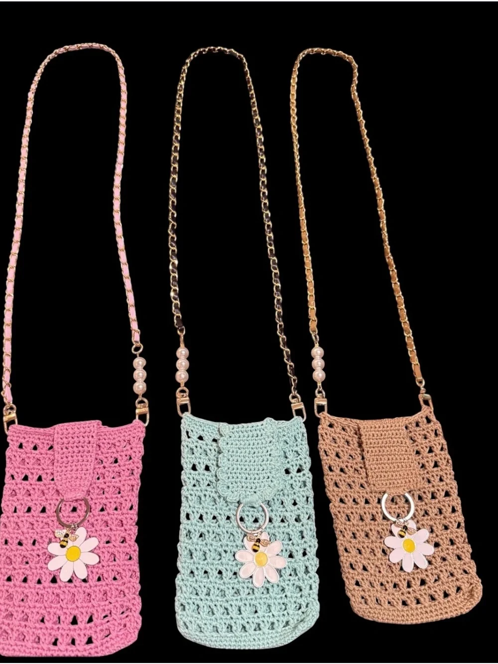 Pink Crochet Crossbody Phone Bag with Daisy Charm for Cell Phones